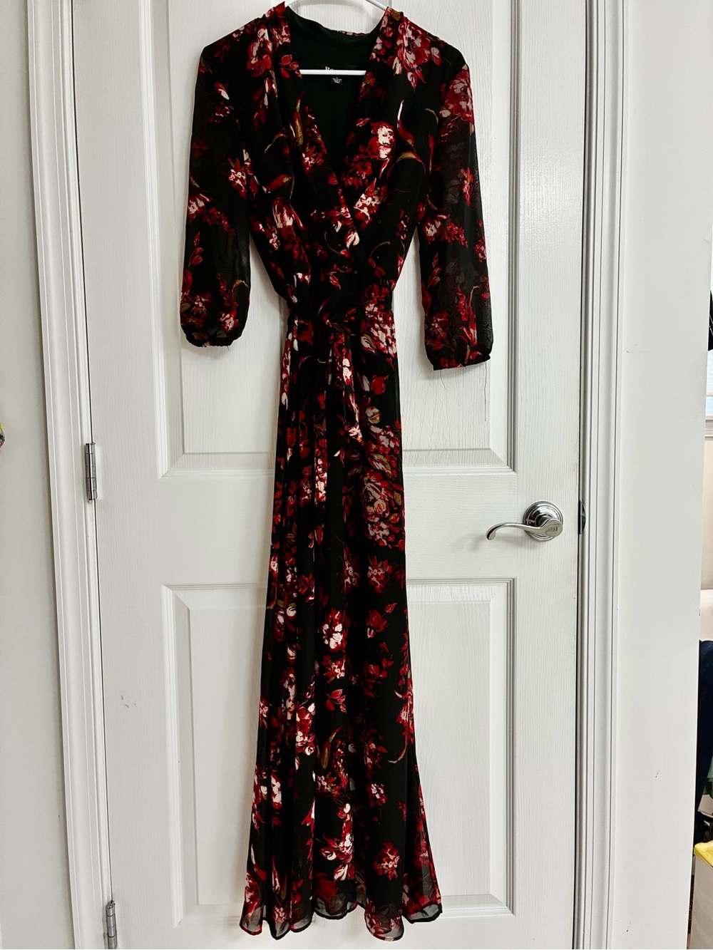 Chetta B. Floral Wrap Maxi Dress - Black with Red Floral. Size 6